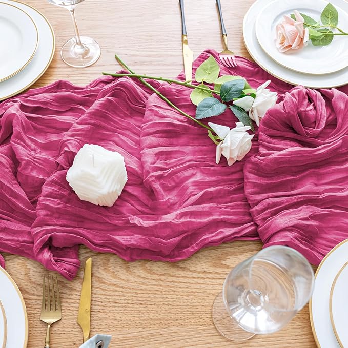 Wokceer Cheesecloth Table Runner 12Pack 10FT Deep Pink Boho Gauze Cheese Cloth Table Runner for Party Long Rustic Sheer Table Runners for Baby Bridal Shower Wedding Easter Table Decor