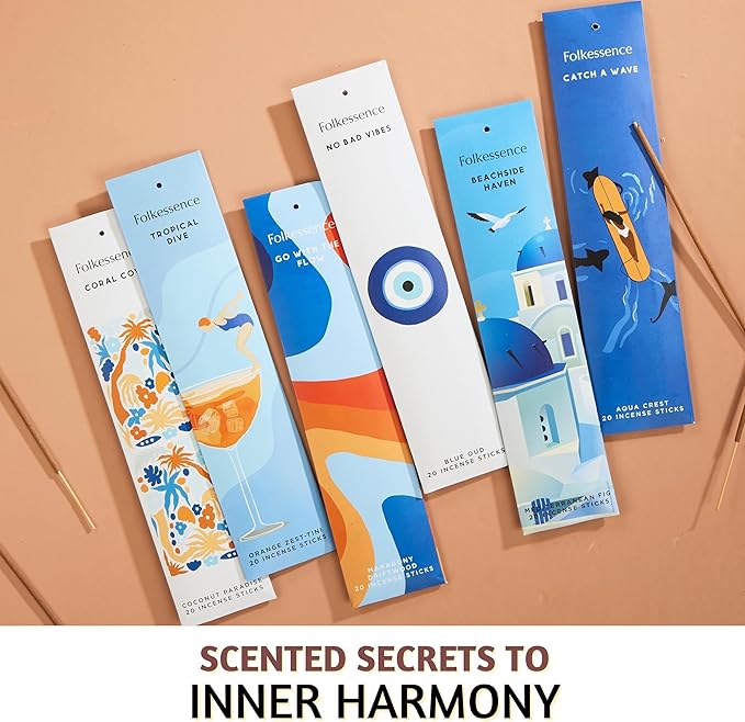 Folkulture Incense Sticks | Set of 6 Insenses (120 Sticks) with 45 Mins Burn Time | Orange Zest, Blue Oud, Aqua Crest, Coconut Paradise | Organic Mediterranean Fig Inscents, Non-Toxic Inscents-Sticks