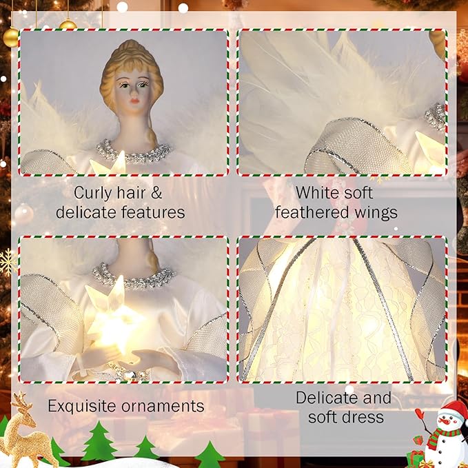 12.5" Angel Christmas Tree Topper with Lights, Lighted Angel Tree Topper with White Feather Wings and Star Light, Remote Control, Timer & USB Powered for Indoor Holiday Tree Decoration