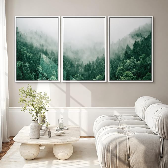SIGNWIN Framed Canvas Print Wall Art Set Fog & Mist Mountain Forest Valley Nature Wilderness Photography Modern Art Rustic Landscape Relax/Calm for Living Room, Bedroom, Office - 24"x36"x3 White