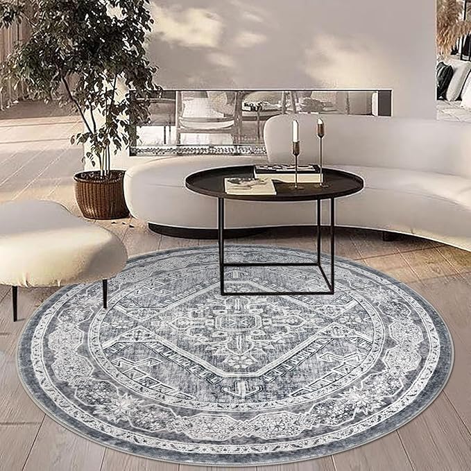 KUTA Oriental Round Rugs 5ft, Grey Washable Circle Rug 5ft, Non-Slip Printed Vintage Medallion Carpet for Living Room, Soft Cozy Dining Kitchen Throw for Entryway