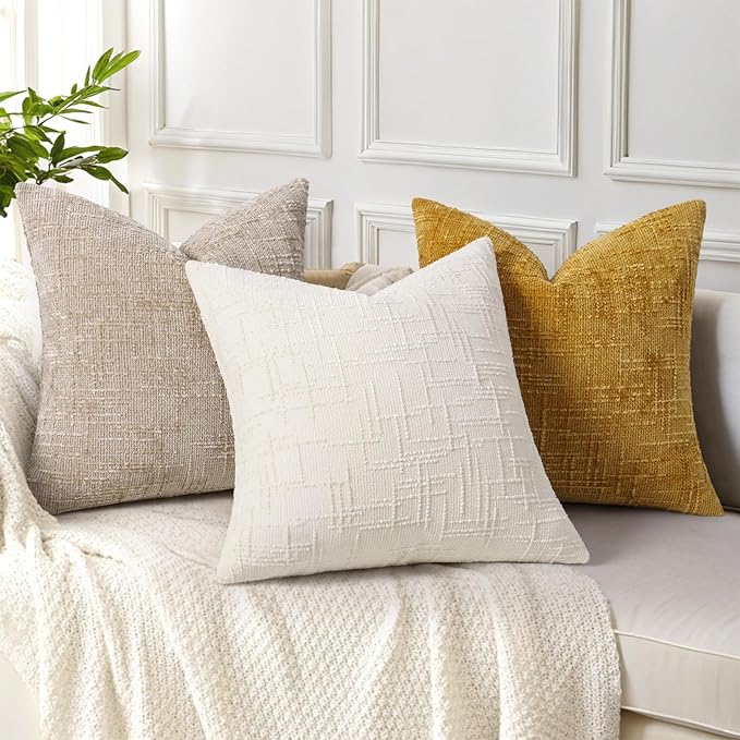 decorUhome Mustard Yellow Chenille Throw Pillow Covers 22x22 Set of 2 Thick Textured Slubby Couch Pillow Covers Farmhouse Accent Modern Neutral Decorative Pillow Cases for Bed Sofa Living Room