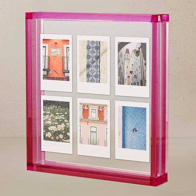 Elil Pink Polaroid Frame for Fujifilm Instax Film - 8.3" x 7.6" Collage Picture Frame for Family and Wedding - Double Glass Acrylic Floating Frame