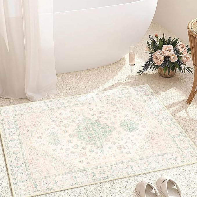 MUJOO Small Rug,2x3 Washable Area Rugs for Bathroom Entryway Entry Entrance Bedroom,Indoor Front Door Mat Non Slip Throw Carpet Boho Low Pile Light Pink and Green