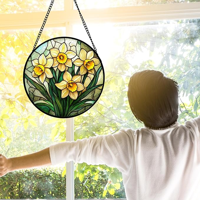 Stained Glass Window Hanging, Daffodil Plant Flowers Sun Catchers Diamond Glass Panel Hangings Suncatcher Decor for Birthday for Women, Men, Wife, Aunt, and Mom 6.3 in