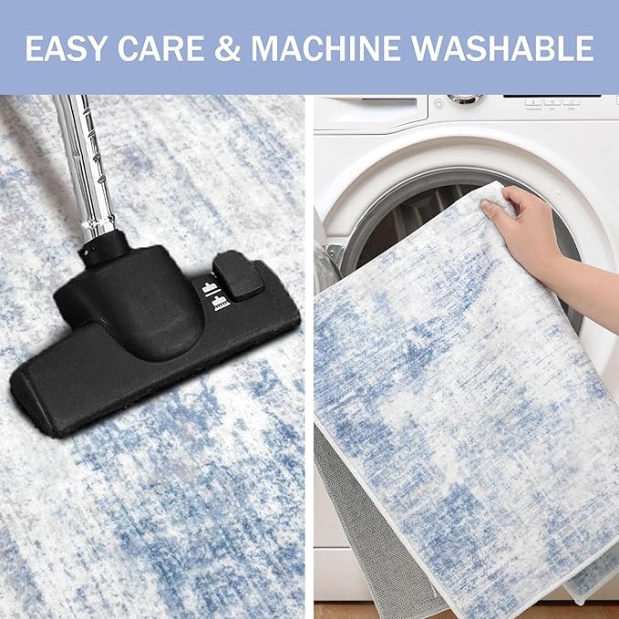 IOHOUZE Abstract Runner Rug 2x5 Ft Washable Runners for Hallways, Non Slip Kitchen Runner Printed Faux Wool Entryway Runner Indoor, Modern Floor Carpet for Hall Kitchen Bedroom, Light Blue White
