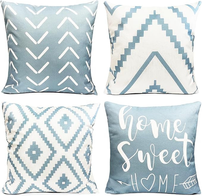 Decorative Throw Pillow Covers 20x20 inch Set of 4 Sky Blue Pillow Covers for Couch Sofa Bed Living Room,Farmhouse Outdoor Throw Pillow Cover,Modern Geometric Linen Square Throw Pillow Cases