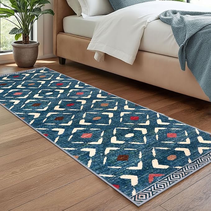 KILOCOCO Hallway Runner Rug 2.6'x8' Runners for Hallways Washable Runner Soft Non Slip Printed Geometric Low-Pile Rugs Runners for Bedroom Kitchen Living Room Boho Rugs, Teal/Blue