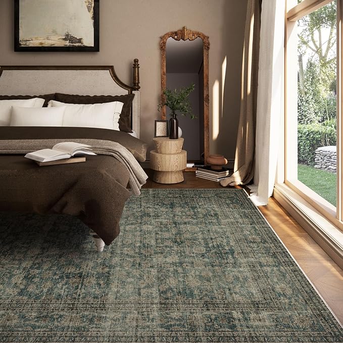 Washable Living Room Area Rug: 5x7 Rugs for Bedroom Vintage Stain Resistant Non Slip Low Pile Lightweight Boho Carpet for Kitchen Dining Room Farmhouse Kids Room Nursery