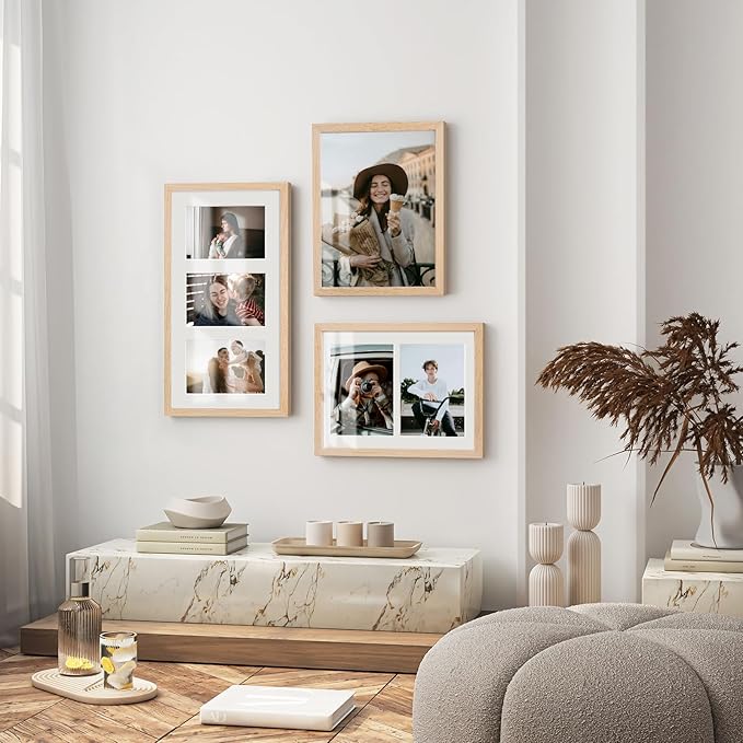 9x18 Oak Wood Picture Frame - 9x18 Photo Frame with Mat Display 3Pcs 5x7 Photos, 5x7 Picture Frame Wood, Natural Solid Wooden Picture Frames for Wall Art Photo and Prints(3 Pack, Beige)