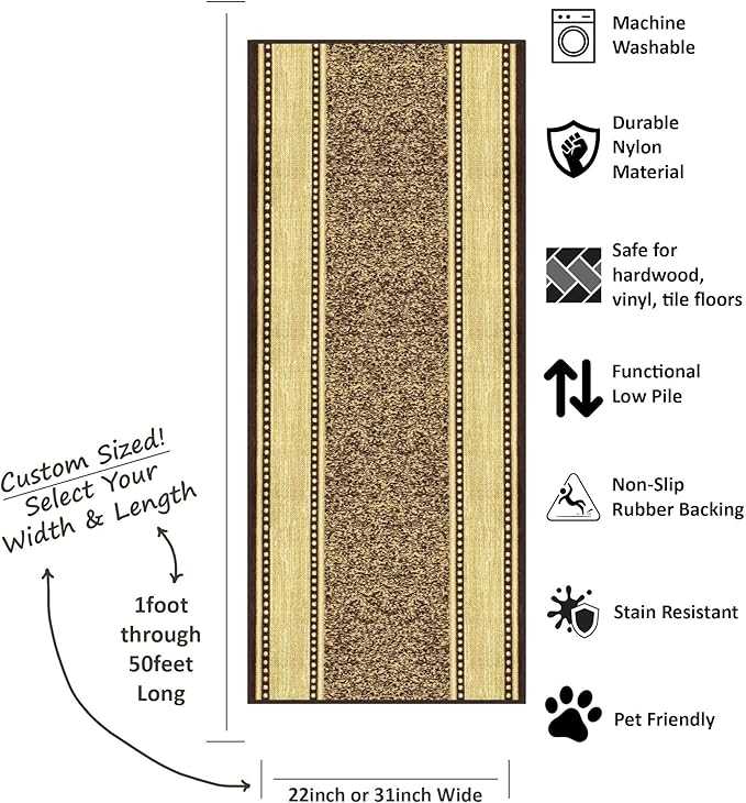Kapaqua Custom Size Brown Gold Beige Bordered Rubber Backed Non-Slip Hallway Stair Runner Rug Carpet 31 inch Wide Choose Your Length 31in X 6ft