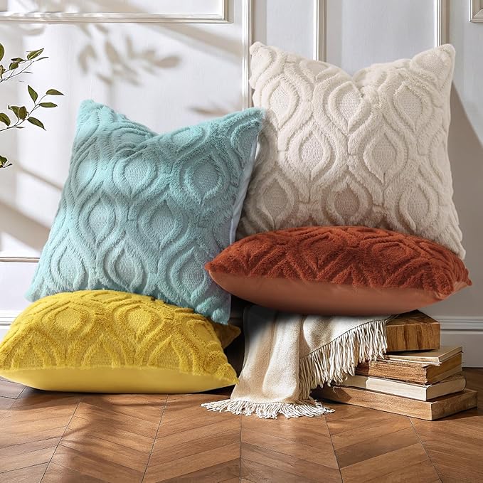 decorUhome Throw Pillow Covers 22x22 Inch Set of 2, Soft Plush Faux Wool Beige Solid Couch Pillow Covers, Accent Farmhouse Neutral Square Pillow Cases for Sofa Bed Living Room