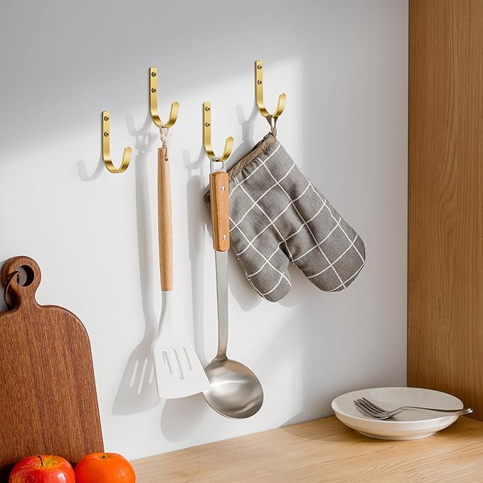 Wall Hooks for Hanging Towel/Coat - 22LB Screw in Metal Hanger Wall Mount, for Outdoor, Closet, Door, Bathrooms, for Backpack, Robe, Brushed Gold 5 Pack