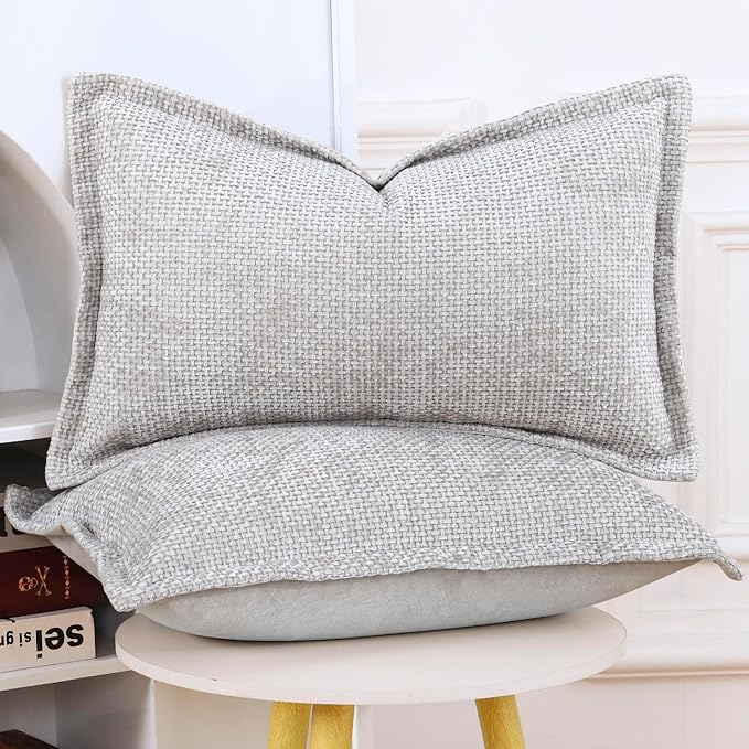 MADIZZ Chenille Velvet Throw Pillow Covers with Flange Set of 2 Super Soft Boho Textured Pillow Covers Decorative Throw Pillowcases Modern Farmhouse Home Decor for Sofa Bedroom Oatmeal 12x20 Inch