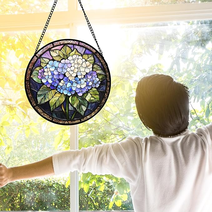 Stained Glass Window Hanging, Hydrangea Flowers Sun Catchers Diamond Glass Panel Hangings Plant Suncatcher Decor for Birthday for Women, Men, Wife, Aunt, and Mom 11.8x11.8 in