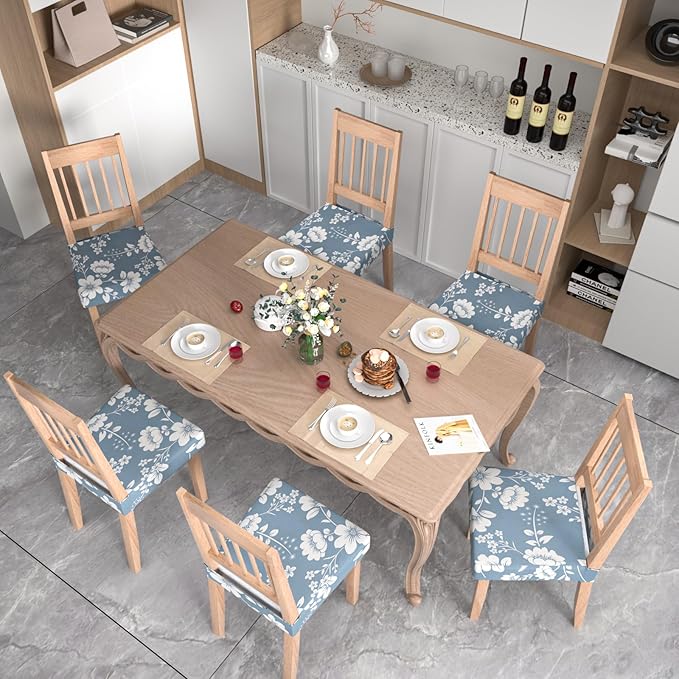 Stretch Dining Chair Seat Covers Set of 6,Dining Chair Slipcovers, Floral Printed Chair Covers,Soft Fabric Washable Upholstered Chair Seat Protector, No Rear Covers for Home Kitchen Dining Room