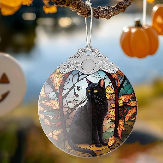 2025 Ornaments for Christmas Tree, Zmoicky Stained Glass Hanging Ornament, Christmas Ornaments Clearance, Gift Exchange Ornament, Bauble Present - Black Cat in The Night