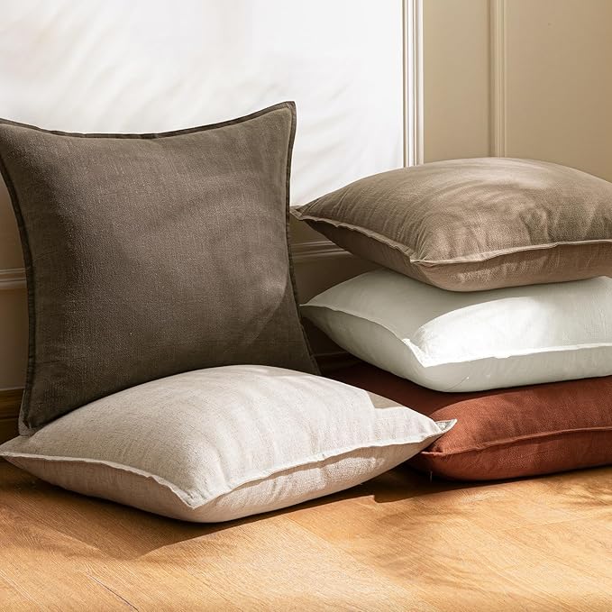 Woaboy 18x18 Inch Set of 2 Decorative Linen Solid Throw Pillow Covers Boho Accent Farmhouse Couch Pillowcases Modern Netural Home Decor for Couch Sofa Living Room Bed,Light Brown