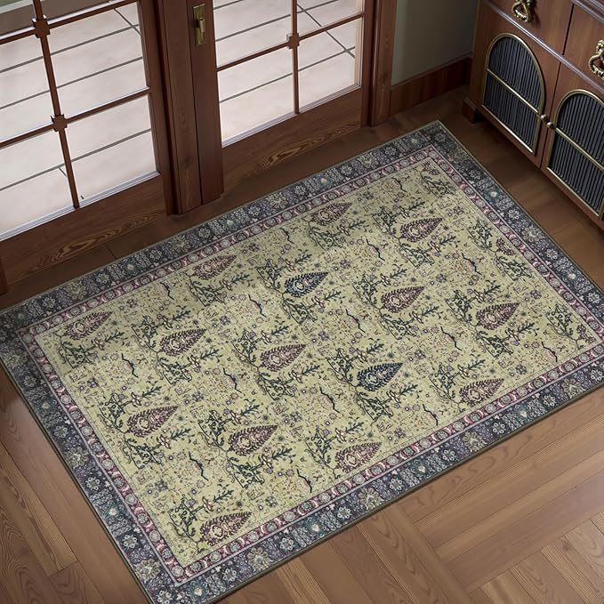 Tangsoo 2x3 Small Washable Entry Rug, Vintage Boho Purple Floral Rug for Entryway Bedroom Entrance, Non Slip Soft Low Pile Door Mat Throw Carpet for Kitchen Bathroom Foyer Decor