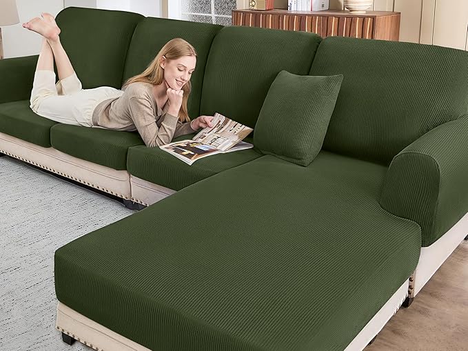 Sectional Couch Covers for Sofa Cushion L Shaped Couch Cover Washable Soft Couch Cushion Covers Stretch Sofa Slipcovers(3-Piece for Sofa Seat or Backrest, Green)