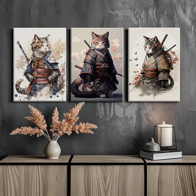 Japanese Cat Wall Art Poster Samurai Cat Canvas Wall Decor Japanese Anime Painting Asian Wall Art Funny Prints Black Cat Pictures Vintage Artwork for Living Room Bedroom 12x16x3 Inch Ready to Hang