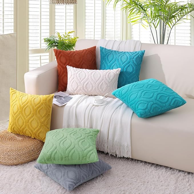 decorUhome Throw Pillow Covers 12x20 Inch Set of 2, Soft Plush Faux Wool Blue Grey Solid Couch Pillow Covers, Accent Farmhouse Neutral Lumbar Pillow Cases for Sofa Bed Living Room