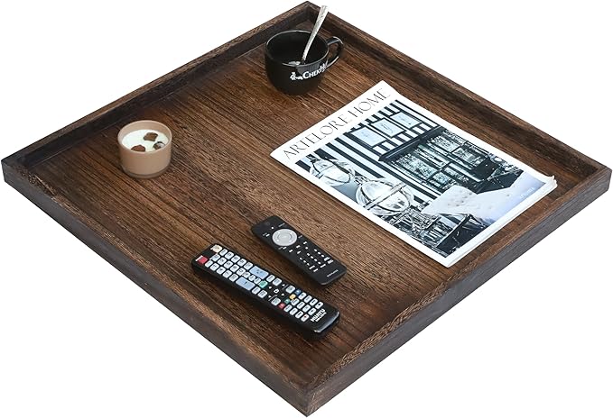 Square Wood Ottoman Serving Tray 24" - Rustic Wooden Table Tray for Farmhouse Decorative Oversized Coffee Table Trays Living Room Kitchen Counter Breakfast Brown