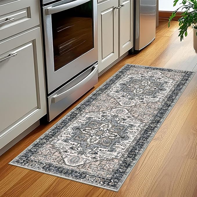 KOZYFLY Runners for Hallways 2x5 Ft Washable Kitchen Runner Rug Boho Runner Rug for Entryway Indoor Printed Oriental Faux Wool Floor Carpet Runner for Laundry Room Kitchen Hall, Black/Taupe/Beige