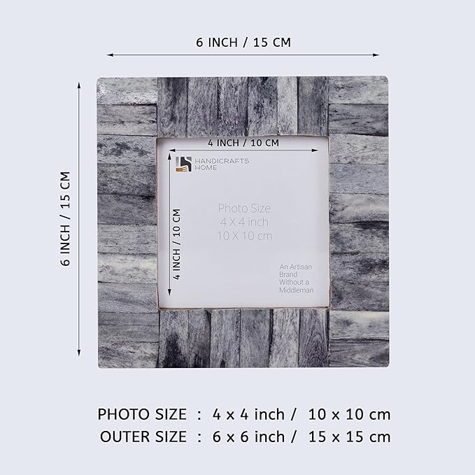 Handicrafts Home 4 by 4 Grey Picture Frame – Handmade Rustic Photo Frame for Shelf Decor, Bone inlay Frames for Desk & Bedroom Decor, Perfect for Home Decor, Wedding, Graduation, Or Milestone Photos