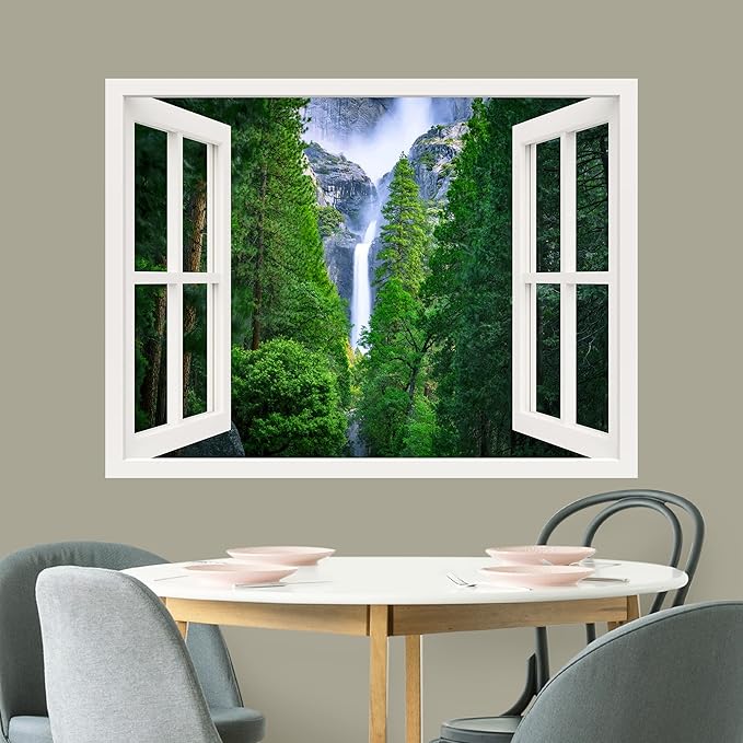 wall26 Removable Wall Sticker/Wall Mural Window View Green Lush Waterfall Forest Mountain Wilderness Nature Photography Realism Rustic Landscape Colorful for Living Room, Bedroom, Office - 36"x48"