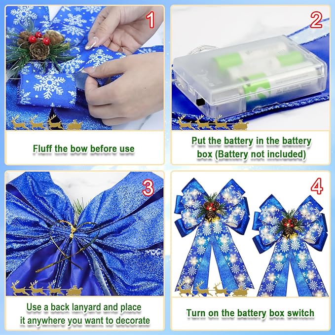 2 Pcs Pre-Light Christmas Decorative Bows for Wreath, 20 X 12” Large Christmas Tree Topper Bow with Bells, Berry, Pine Cones, 40 LED Silver Snowflake Ornament Bow for Indoor/Outdoor- Blue