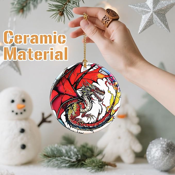 Ceramic-Style Christmas Tree Decorations, Christmas Ornaments, Double-Sided Printed Ornament Keepsakes, Holiday Decor. Xmas Gifts, Gifts for Dragon Lovers - Dragon-Themed