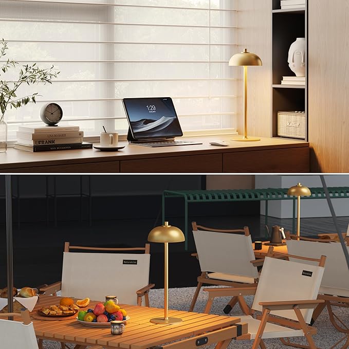 Rechargeable Cordless Table Lamp - 5000mAh Battery Operated Table Light, 3 Color Stepless Dimmable LED Table Lamp with Memory Function for Indoor, Outdoor, Dinner, Home, Restaurant.(Gold)