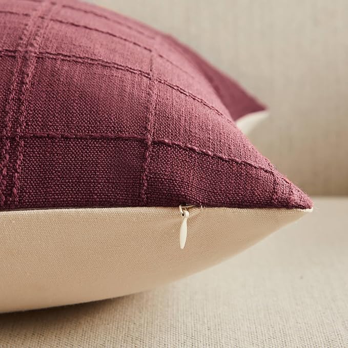 ZeeMart Linen Checked Lumbar Throw Pillow Covers Set of 2, 12x20 Inch Burgundy/Cream, Farmhouse Decorative Single Sided Grid Embroidered Couch Pillow Cases Red Cotton Linen Cushion Covers