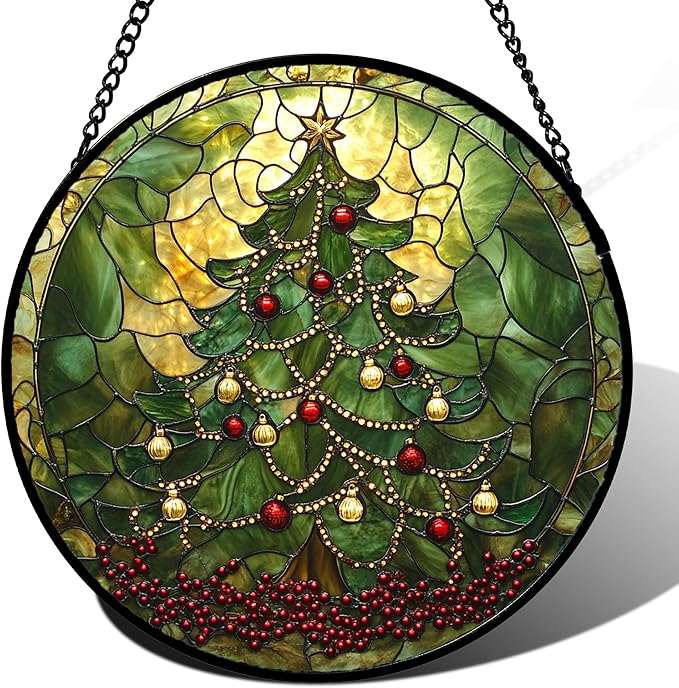 Stained Glass Window Hanging - Retro Green Christmas Tree Suncatcher for Doors Home Christmas Decoration Sun Catcher Thanksgiving New Year Birthday Gifts for Women Men Mom Nana 9.8 in