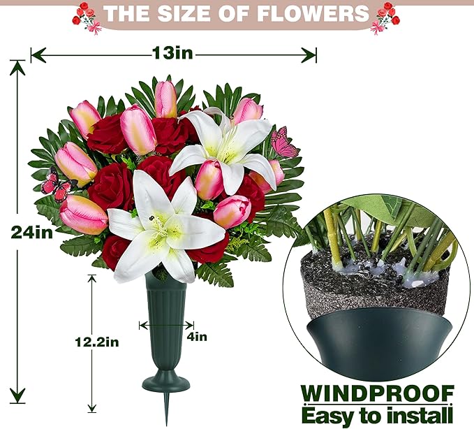 Artificial Cemetery Flowers – Realistic Silk Flower Outdoor Grave Decorations,Headstone Flower Saddle, Non-Bleed Colors, and Easy Fit - Pink Tulip,White Lily and Red Rose