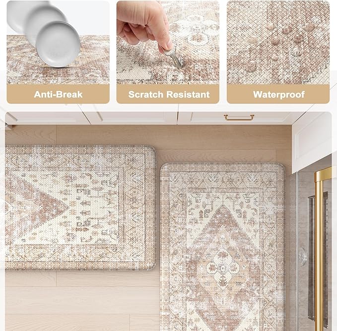 KIMODE Anti Fatigue Kitchen Mats for Floor 2 Piece 20"x59"+20"x32", Khaki Boho Distressed Kitchen Rugs, Non Slip Waterproof Kitchen Floor Mat, Comfort Foam Standing Mat for Sink Laundry Office Desk