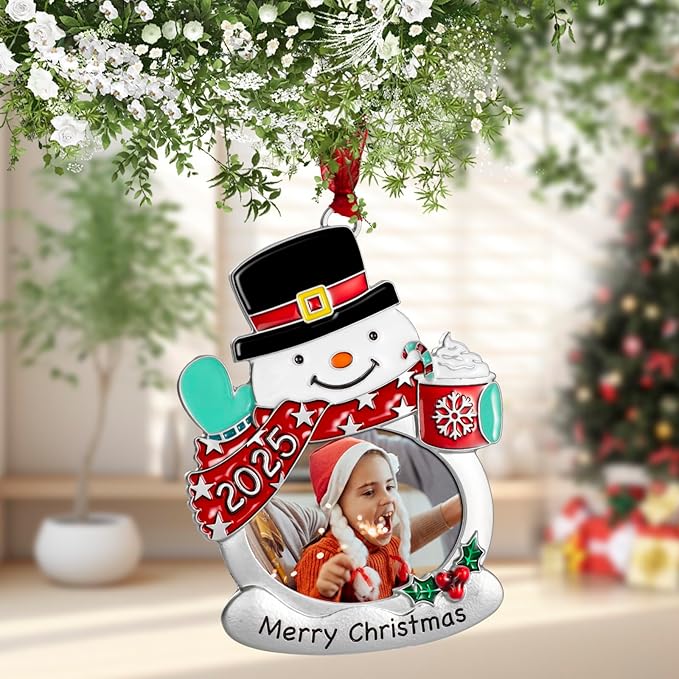 Christmas Tree Ornament - Decorative Hanging 2025 Holiday Keepsake Gift Pendant with 2.5X2 Inch Photo Frame Insert for Picture of Pet(Snow Man)