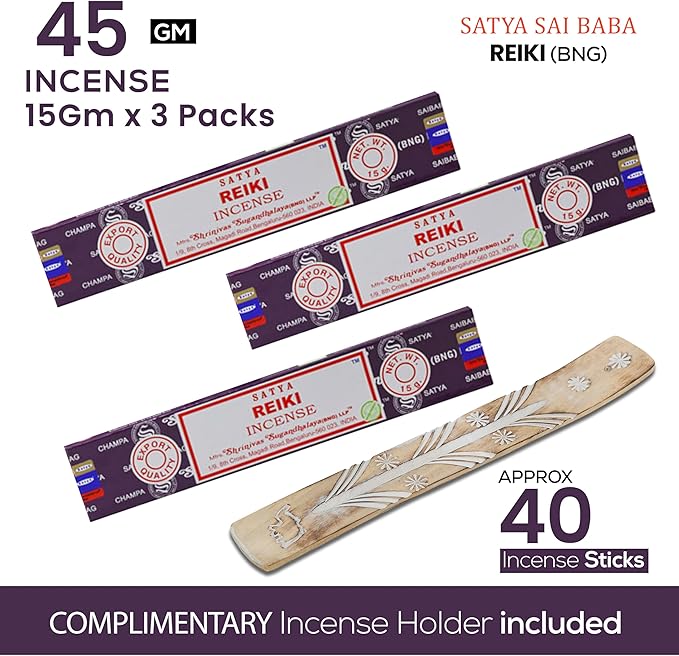 Satya Reiki Incense Sticks, Satya Bng (Bangalore) Insenses 15gmx3 Pack with Raajsee Incense Holder Bundle, Satya Nagchampa Natural Incense