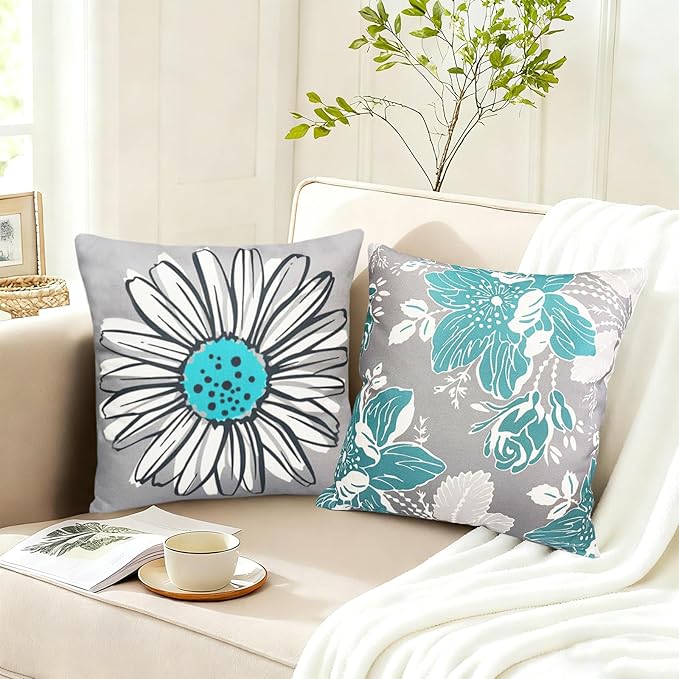 Decorative Throw Pillow Covers Set of 4 Teal Pillow Covers 20x20 inch Throw Pillow Cases Linen Square Pillow Case,Farmhouse Outdoor Modern Boho Pillow Covers for Couch Sofa Living Room