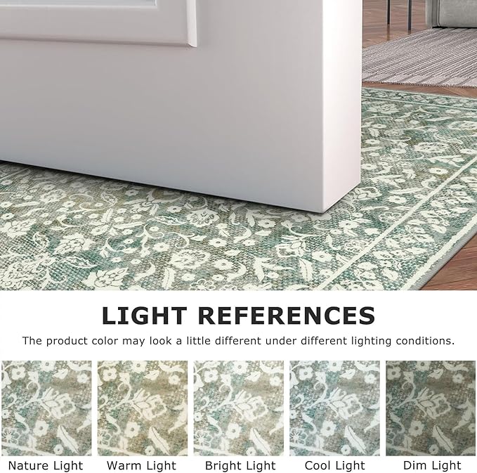 Vintage 3x5 Washable Rug for Entryway, Super Soft Sage Green Beige Entryway Rug Non-Slip, Printed Faux Wool Floral 3x5 Area Rug Thin Floor Carpet for Kitchen, Bedroom, Office, Living Room