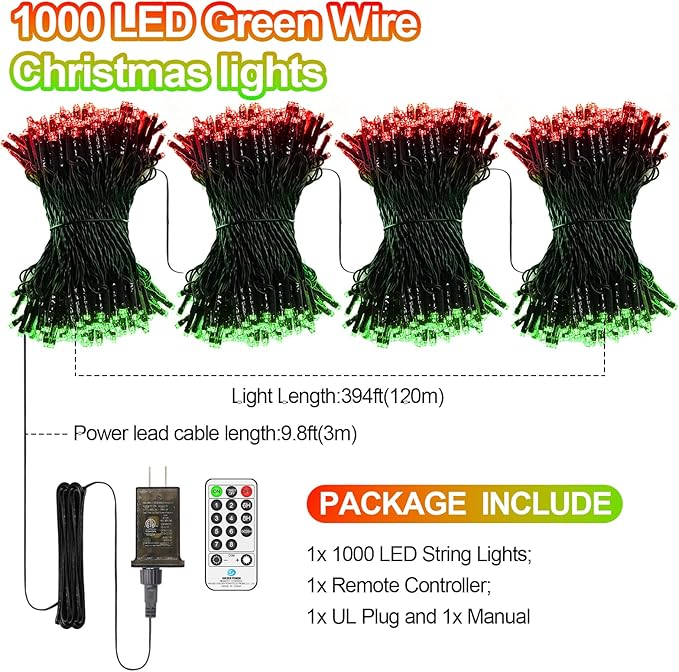 394 FT 1000 LED Christmas Lights Outdoor String Lights 8 Modes & Timer Twinkle Fairy Lights Plug in Waterproof LED String Lights for Xmas Yard Tree Patio Wedding Holiday Party Decorations (Red Green)