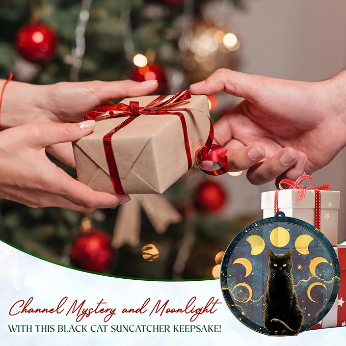 GEEMBI Christmas Black Cat Gifts for Women Men - Suncatcher Christmas Ornaments 2025 for Tree Decorations - Black Cat Ornament for Halloween, Witchy Mystical Gifts for Women, Moon Phase Gothic Decor