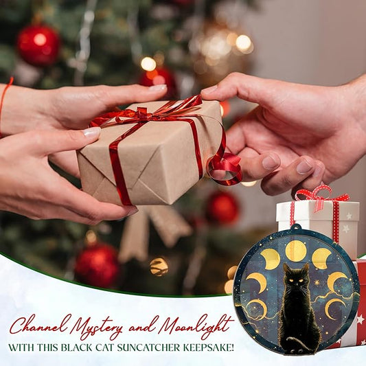 GEEMBI Christmas Black Cat Gifts for Women Men - Suncatcher Christmas Ornaments 2025 for Tree Decorations - Black Cat Ornament for Halloween, Witchy Mystical Gifts for Women, Moon Phase Gothic Decor