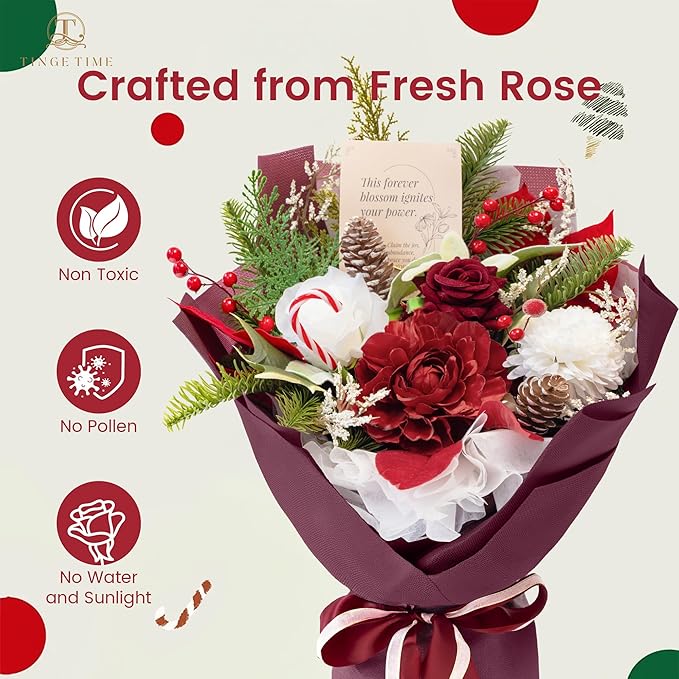 TINGE TIME Preserved Flowers Bouquet, Christmas Faux Rose Bouquets, Artificial Flowers Poinsettia Faux Flowers, for Christmas Centerpiece Table Home Holiday Party