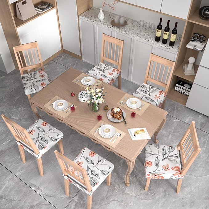 Stretch Dining Chair Seat Covers Set of 4,Dining Chair Slipcovers, Floral Printed Chair Covers,Soft Fabric Washable Upholstered Chair Seat Protector, No Rear Covers for Home Kitchen Dining Room