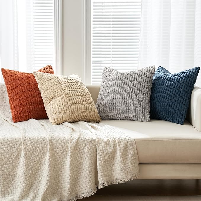 MIULEE Pack of 4 Boho Farmhouse Blue and Orange Corduroy Decorative Throw Pillow Covers 18x18 Inch Modern Retro Soft Striped Pillow Covers Home Decor for Sofa Living Room Couch Bed