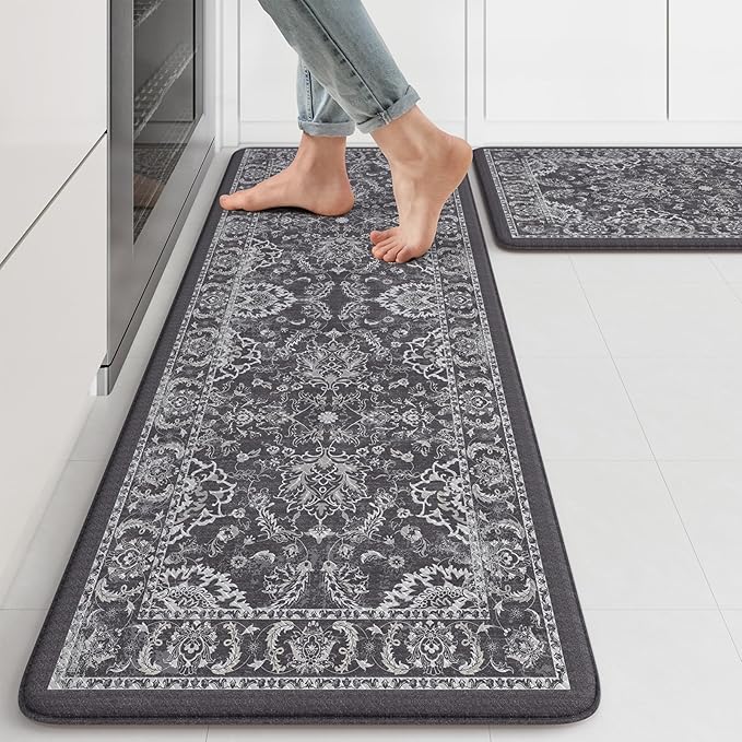 KIMODE Comfort Kitchen Mats for Floor Cushioned Anti Fatigue 2 Piece,Boho Floral Kitchen Rugs Non Slip,Waterproof Memory Foam Kitchen Mat Carpet for Laundry Office Home,Dark Grey 17"x29.5"+17" x47”