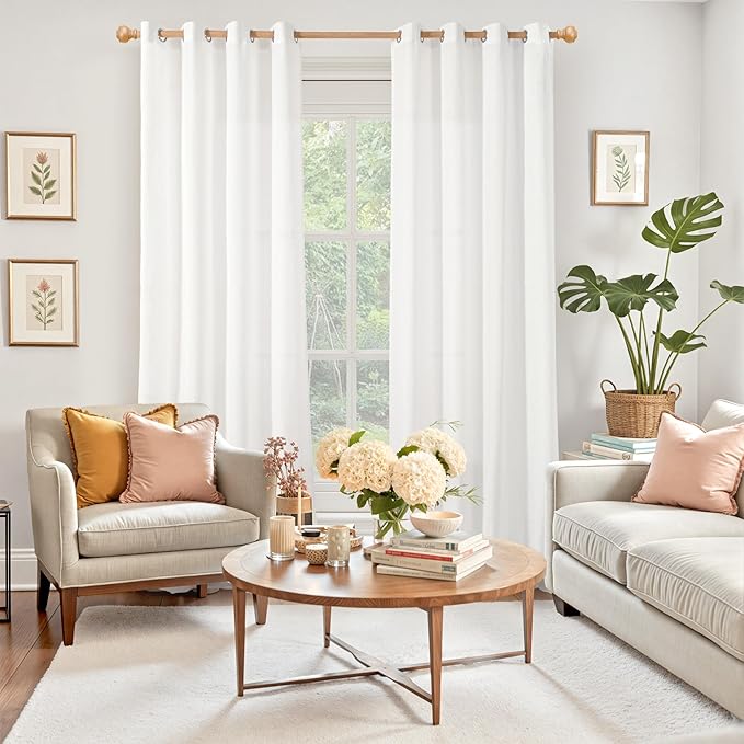 YoungsTex 90 Inch Length White Linen Semi Sheer Curtains 2 Panels for Living Room, Light Filtering Textured Drapes Lightweight for Bedroom Dining Room Floor Length Grommet, 2 Panels, 52 X 90 Inch