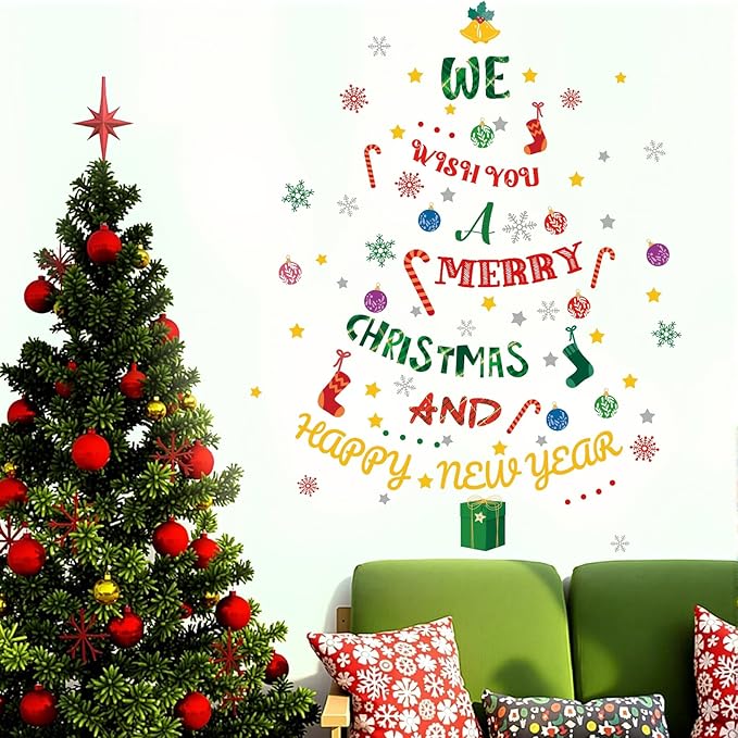 Christmas Tree Wall Stickers,Xmas Tree Wall Decals,Merry Christmas Window Clings, Snowman Wallpaper Snowflake for Party Class Home Living Room Bedroom